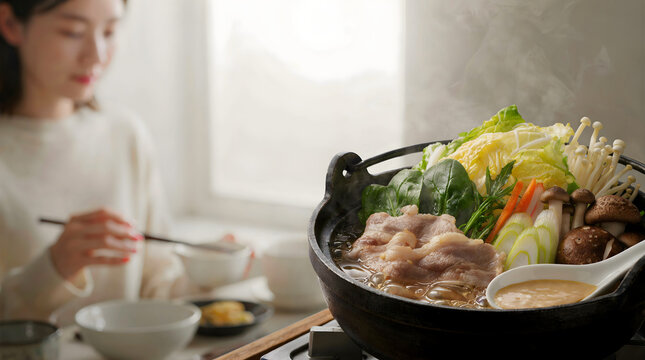 A young woman enjoys a comforting, steaming hot pot meal featuring fresh Asian vegetables and meats indoors