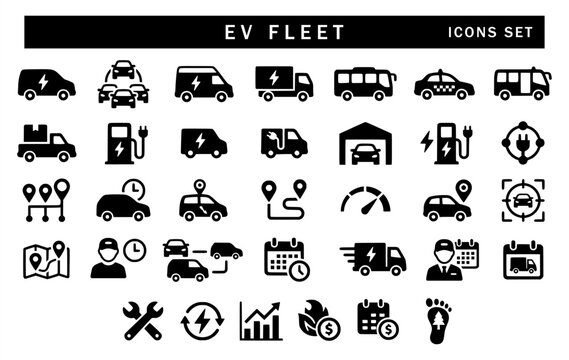 Set of black EV fleet glyph icons isolated on a white background, featuring delivery trucks, fleet tracking, routing, maintenance, scheduling, charging stations, and logistics management.