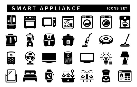 Set of black smart appliance glyph icons on a white background, featuring connected refrigerators, ovens, air purifiers, robotic vacuums, smart TVs, and automated plant watering.