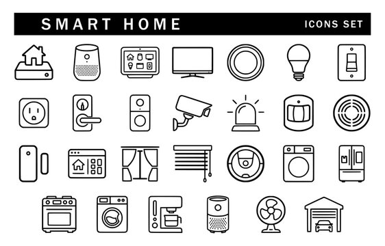 Set of black line art smart home icons isolated on a white background, featuring voice assistants, security cameras, smart locks, thermostats, lighting, TV, appliances, and home control UI.