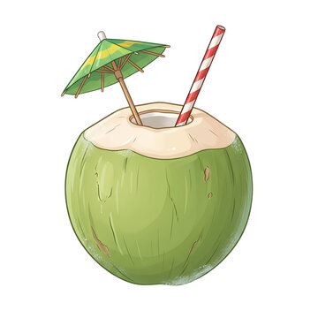 A fresh green coconut with a straw and small umbrella