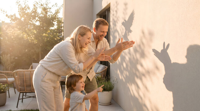 Happy family playing shadow puppets with hands on outdoor house wall during golden hour sunset.