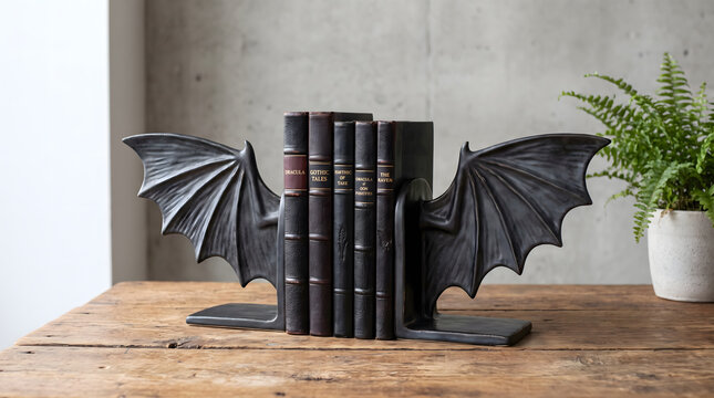 Matte black bat wing bookends holding antique leatherbound gothic literature books on rustic wooden table beside potted fern for dark academia Halloween library decor