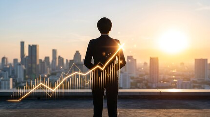 Naklejka na ściany i meble Business person standing on high building rooftop overlooking sunset city skyline with glowing holographic financial growth bar chart representing career success and future vision