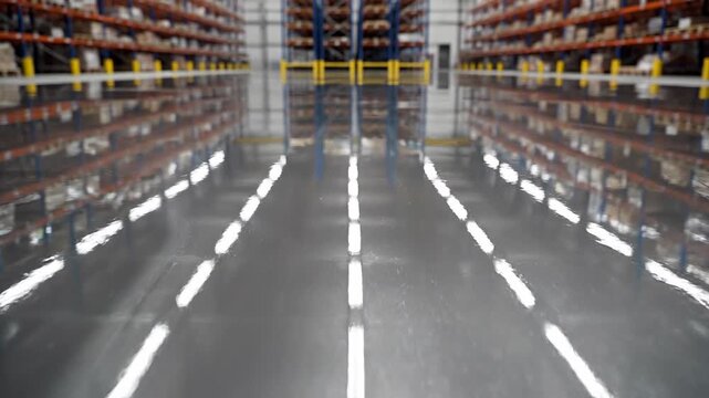 Clean shiny warehouse floor with shelves and storage racks reflecting overhead lights