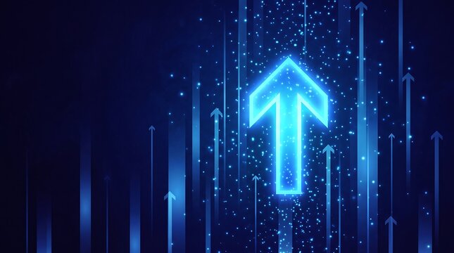 Single large luminous arrow rising vertically with blue light particles and streaks representing peak business performance and strategic growth in an advanced digital technology environment