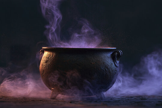 Haunted potion cauldron with purple mist rising from old cast iron vessel on dark background creating eerie atmosphere