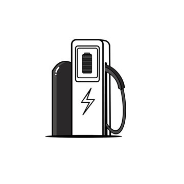 Electric vehicle charging station shown in minimalist style. Black and white outline highlights modern design elements, lightning bolt symbolizes energy and power. Electric vehicle charging station.