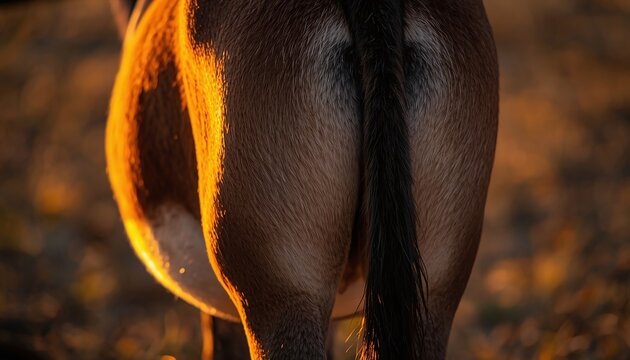 Close Up Artistic View of Donkey Rear Hindquarters with Warm Golden Hour Light.