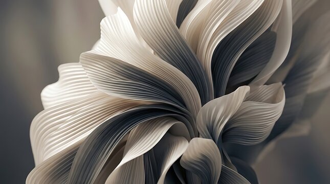 Abstract close up rendering of layered flowing ribbon shapes with detailed fine line textures in off-white, light beige, and dark grey charcoal shades creating a dynamic macro composition.