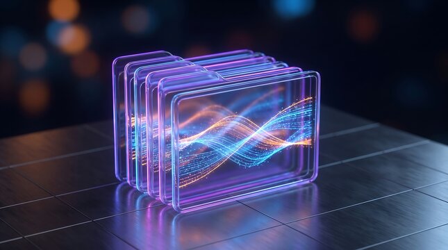 Stack of transparent digital folders with glowing internal data waves symbolizing comprehensive data archival and cloud storage systems in a clean professional high-tech visualization