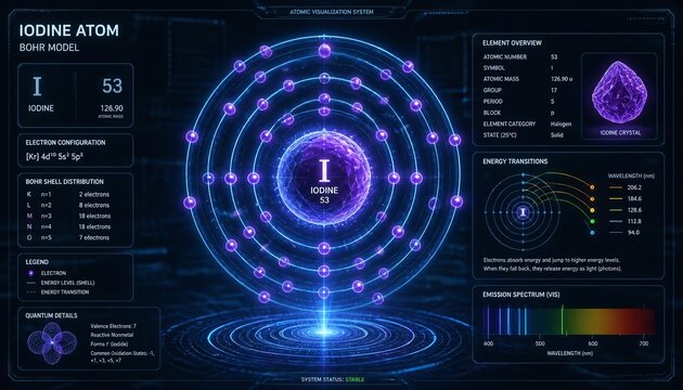 Iodine Atom Bohr Model Electron configuration visualization, showing atomic structure, energy levels, and quantum details for element I, atomic number 53, with emission spectrum data.