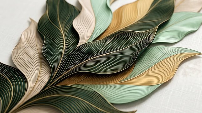 Abstract top-down 3D render of layered leaf shapes in sage green, forest green, warm ochre, and pale cream with fine line textures lying flat on a light textured background.
