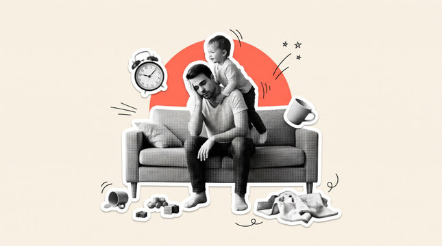 Composite photo collage artwork of an exhausted stressed father sitting on a sofa with a toddler climbing on him during parenting burnout in a messy room lifestyle mental health concept.