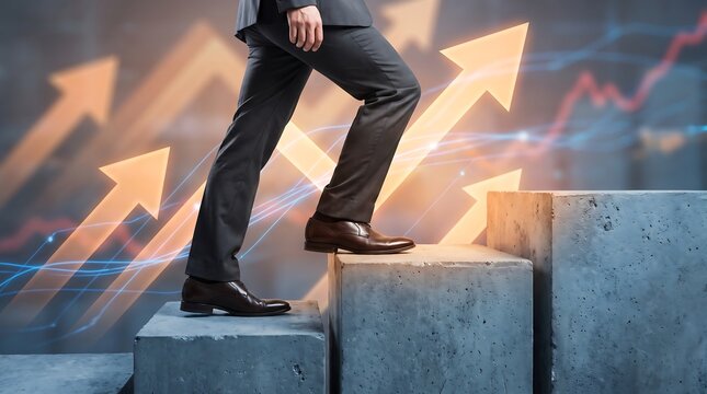 Businessman in dark suit walking up concrete steps with glowing upward financial arrows and market graph lines symbolizing success growth business progress and professional development