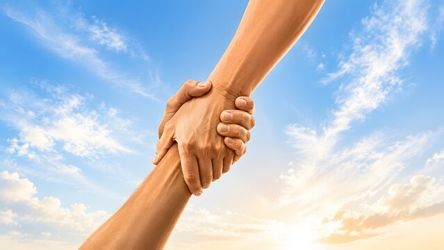 Helping Hands Holding Together Against Blue Sky Symbolizing Support Trust Teamwork Unity Cooperation Friendship Partnership Hope Community Care and Human Connection