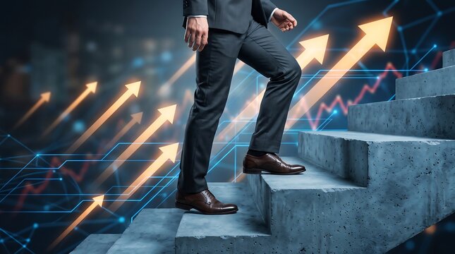 Businessman walking up stone stairs with glowing digital financial growth arrows and market chart overlays representing corporate success strategy and professional career progression