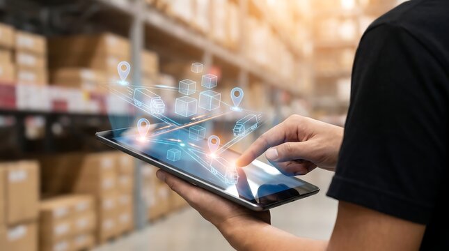 Warehouse operator using tablet with digital logistics network overlay displaying delivery trucks and routing pins for efficient supply chain management and inventory tracking systems