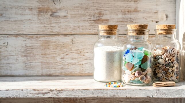 Glass jars with sand, sea glass and seashells on a wooden shelf