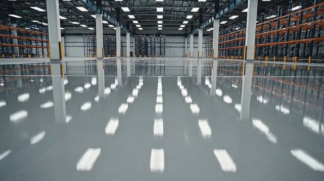 Spacious modern empty warehouse interior with polished concrete floor and industrial shelving racks