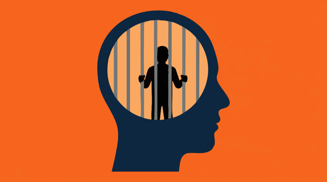 Mental health concept with person trapped inside a human head behind prison bars
