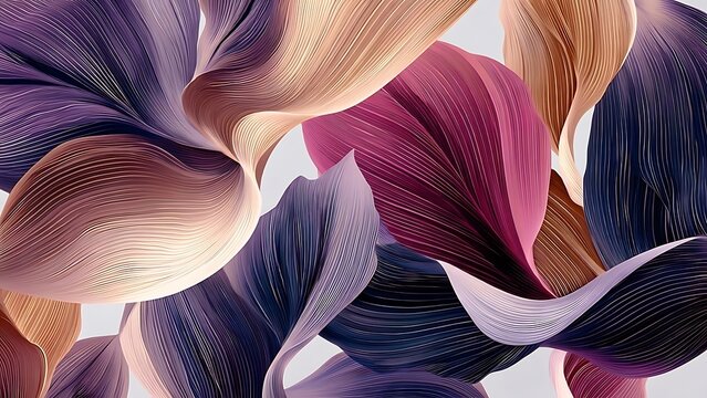 Abstract background with 3D flowing organic petal shapes in dusty purple, magenta, dark navy, and warm peach tones featuring fine line textures on a soft off-white backdrop.