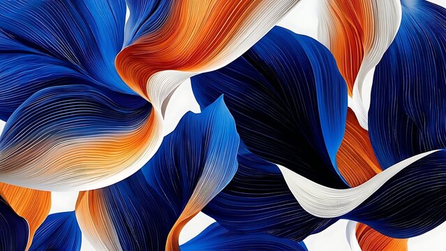 Abstract 3D digital wallpaper featuring flowing petal-like shapes with vibrant orange accents combined with deep royal blue, indigo, and white fine line textures on a light background.