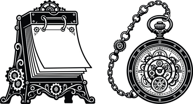 Vintage steampunk flip calendar and pocket watch mechanism, ornate clockwork design vector illustration