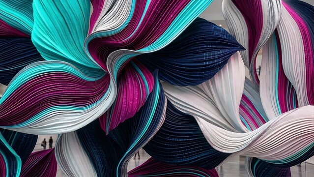 Vibrant 3D abstract artwork showcasing overlapping ribbon shapes with fine line textures in vivid turquoise, magenta, and dark navy colors creating a dynamic, sculpted pattern.