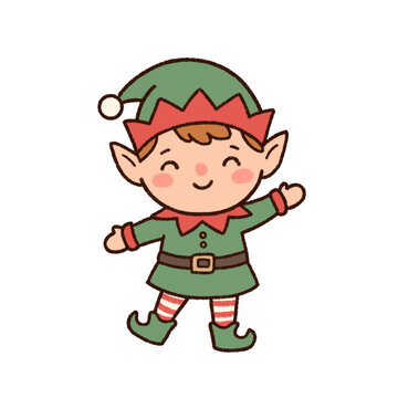 Cute hand drawn Christmas elf character illustration waving hand