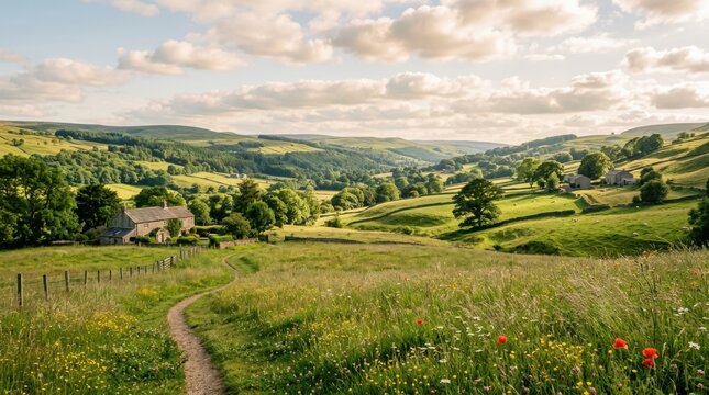 Green rolling hills in a sunny countryside valley