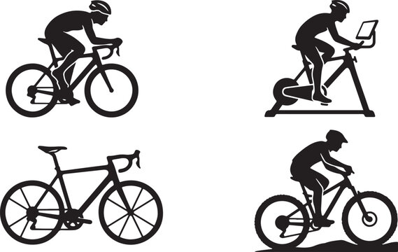 Set of black silhouettes showing people riding road bikes and stationary indoor exercise bikes