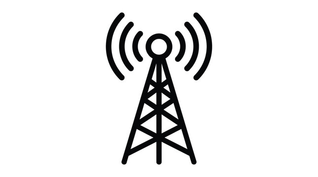 Black radio tower vector graphic illustration featuring bold broadcast waves designed for modern telecommunications projects and wireless internet connectivity system themes