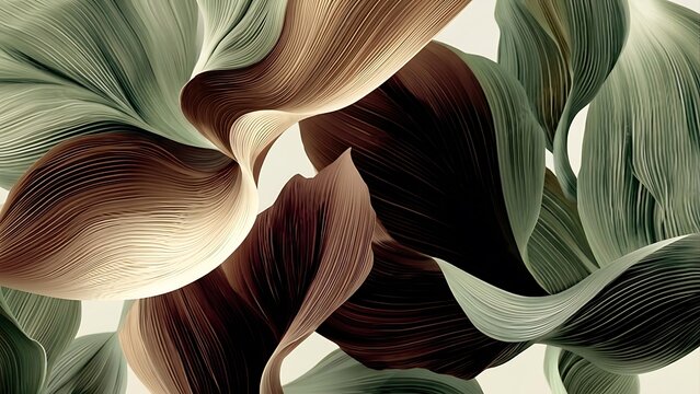 Abstract organic background featuring 3D flowing petal shapes with fine line textures in sage green, deep forest green, and bronze brown tones creating an elegant botanical composition.
