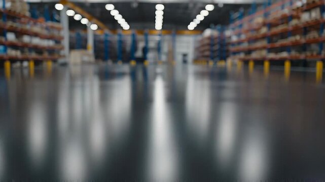 Abstract light trails in a modern warehouse with shelves and industrial lighting reflecting on the floor