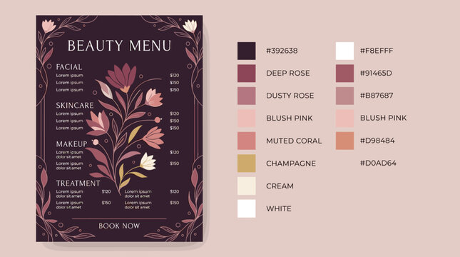Elegant Beauty Menu Template with Floral Design and Sophisticated Color Palette for Spa, Salon, and Wellness Center Service Lists