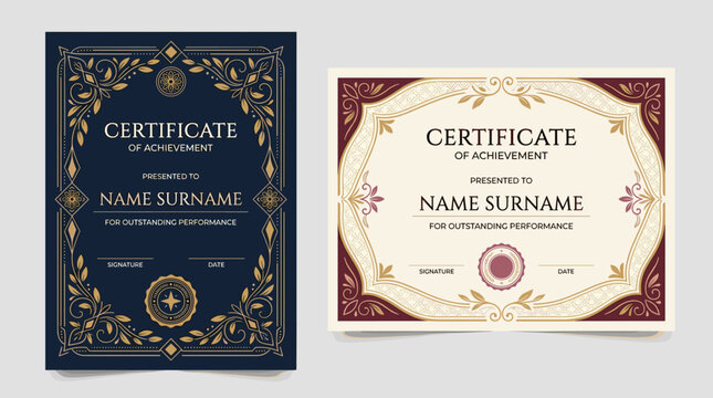 Elegant vintage achievement certificates with ornate frames and intricate floral details, designed for formal recognition of outstanding performance and merit