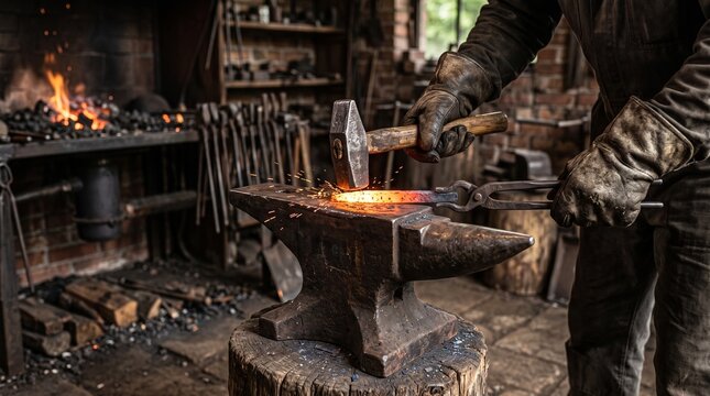 A skilled blacksmith wearing protective gloves and apron works with a heated metal piece on a rustic anvil in a traditional workshop