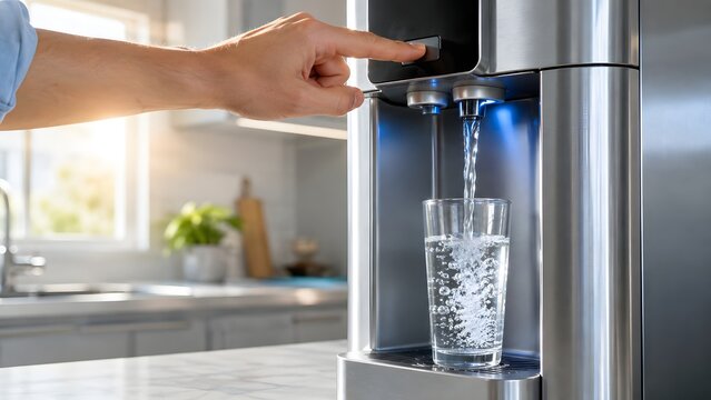 Modern Refrigerator Water Dispenser Filling Clear Glass in Bright Kitchen, Fresh Drinking Water, Home Appliance Technology, Hydration, Filtered Water and Healthy Lifestyle Concept
