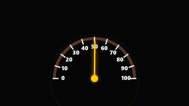 Glowing orange speedometer needle moving on a black background motion graphics footage