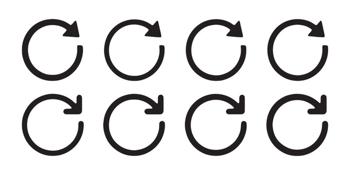 Black circle arrow refresh reset icons set on transparent background for navigation interface menu.
