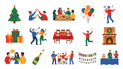 Fototapeta premium Flat Style Holiday Celebration Icons: Christmas Tree, Gifts, Party, Music