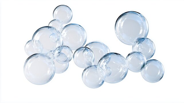 透明な泡が複数浮かんでいる様子。クリーンなイメージや洗浄、化粧品の背景素材に最適