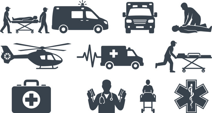 Emergency medical services icon set featuring ambulance vehicles helicopter paramedics cpr and doctor silhouettes on isolated background