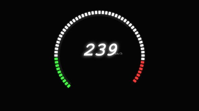 Digital speedometer HUD motion graphics footage showing speed of 74 kmh on black background.
