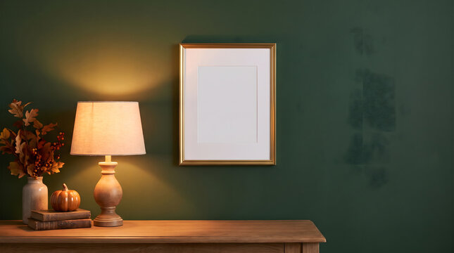 Blank vertical golden picture frame mockup hanging on deep forest green wall above wooden console table illuminated by table lamp with mini pumpkin and autumn foliage for cozy dark academia Halloween 
