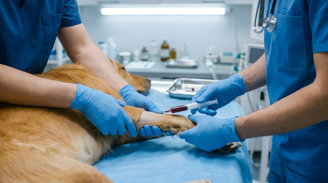 Professional veterinary team drawing blood from a dog's leg with a syringe for medical testing in a clinic setting.