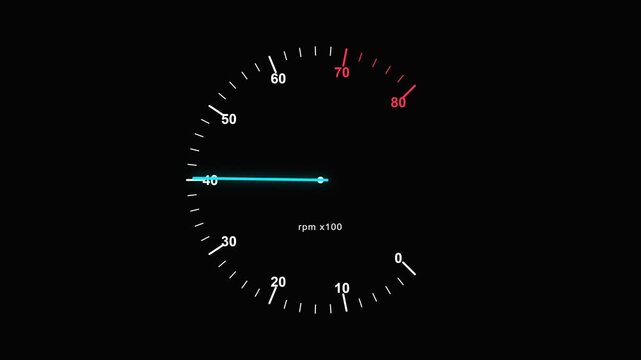 Glowing blue needle moving on a digital RPM tachometer video loop against a black background