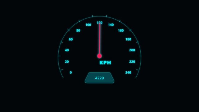 Digital speedometer HUD motion graphics footage showing speed acceleration on black background