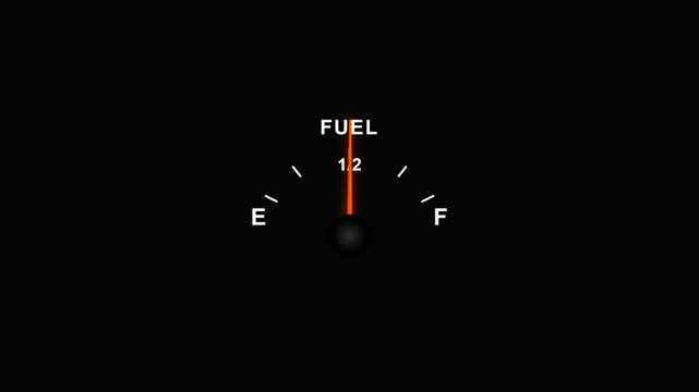 Fuel gauge needle pointing to empty on black background motion graphics footage.